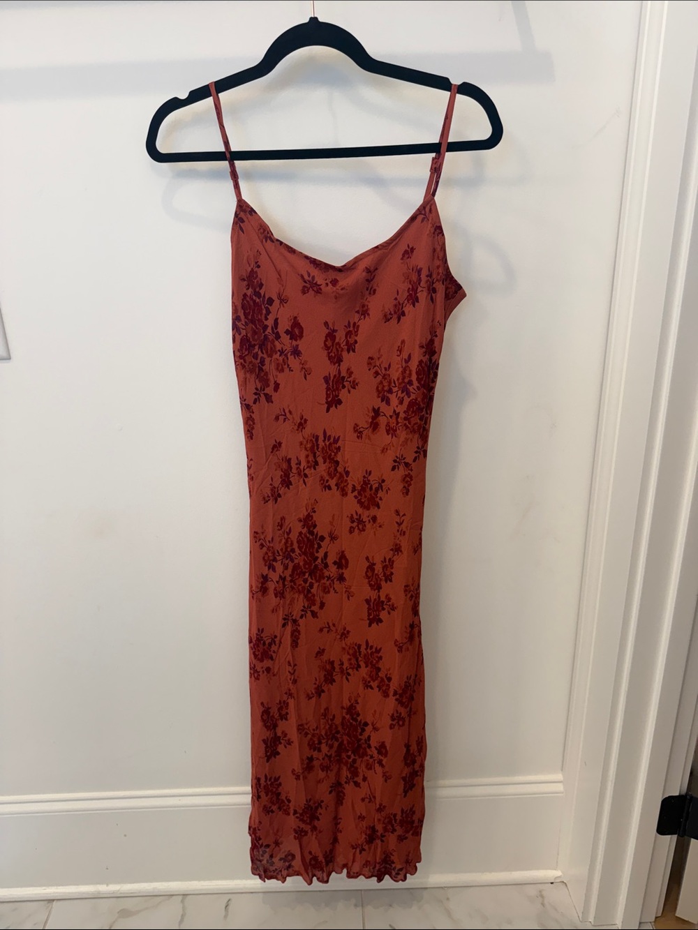Reformation Rust Slip Midi Dress with Burgundy Floral Print